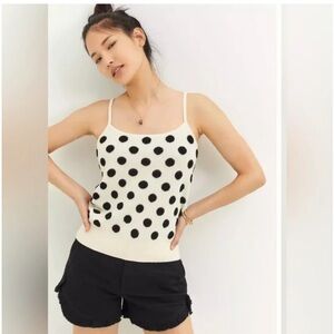 Anthropologie Marge knit fuzzy  polka dot tank top camisole sz S cream black